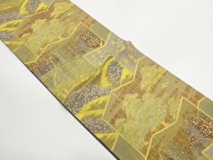 古綾錦屏風に松・花々模様織出し袋帯